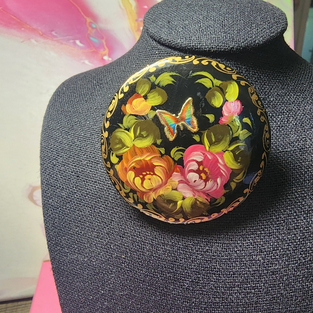 Russian handpainted wooden brooch